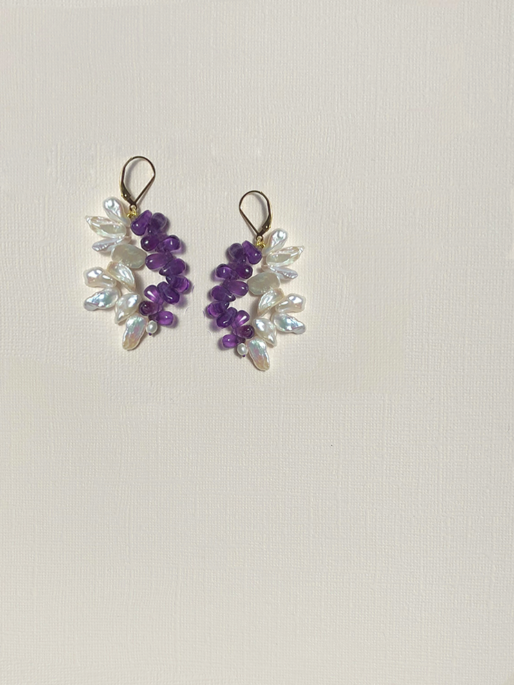 Tumbled Amethyst and Biwa Pearl Drop Earrings