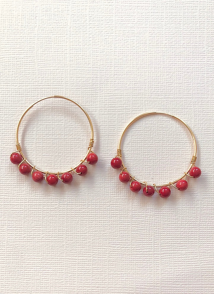 Coral wrapped on gold vermeil hoops