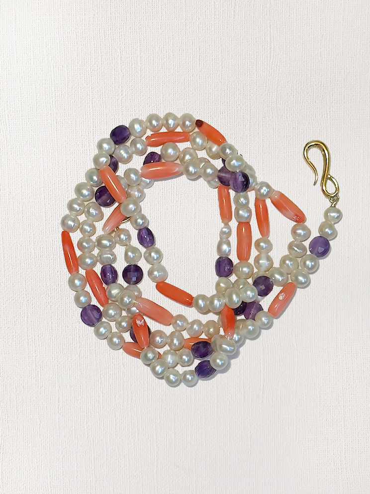 Freshwater Pearl, Coral & Amethyst Necklace