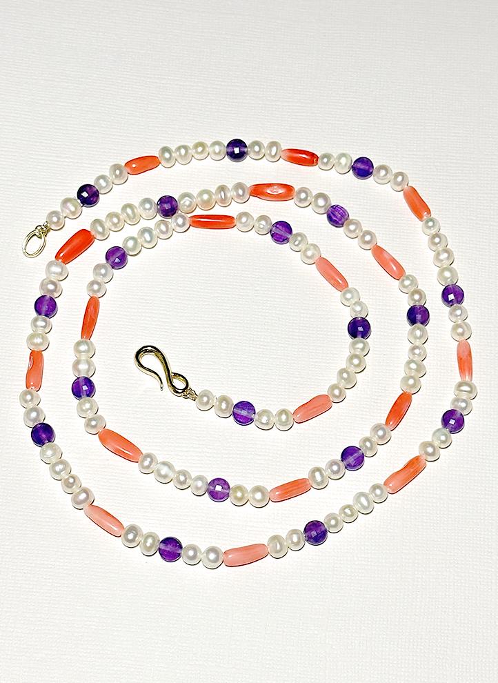 Freshwater Pearl, Coral & Amethyst Necklace
