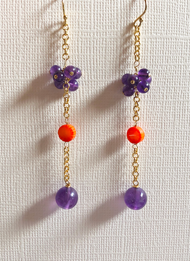 Amethyst and orange sea bamboo coral gold drop earrings